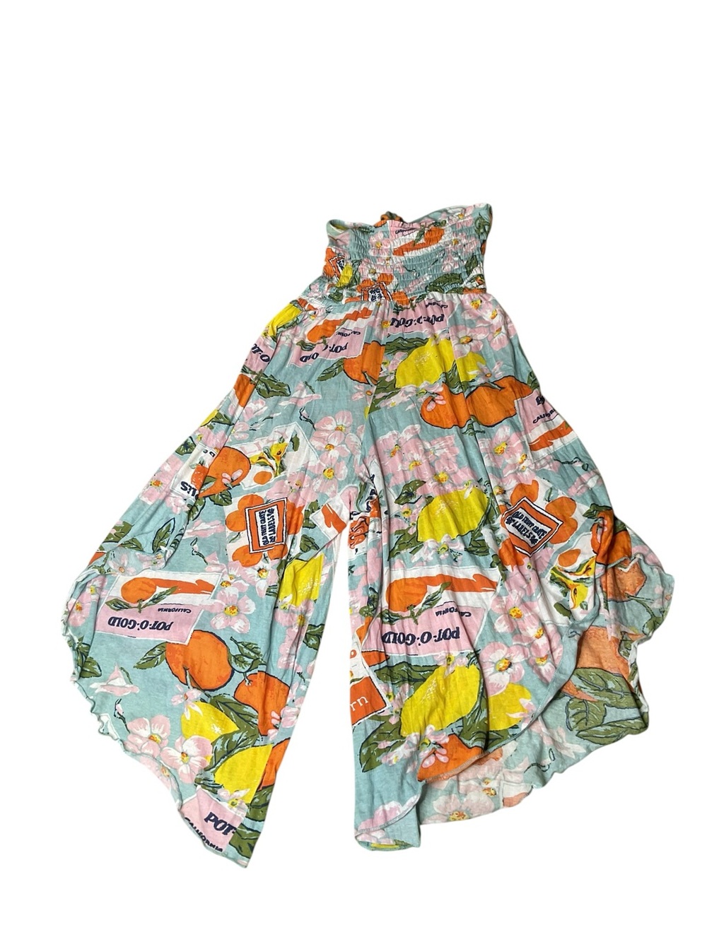 Boho Strapless Harem Jumpsuit Romper Fruit Print Smocked Palazzo One Size Est. S - Picture 3 of 6